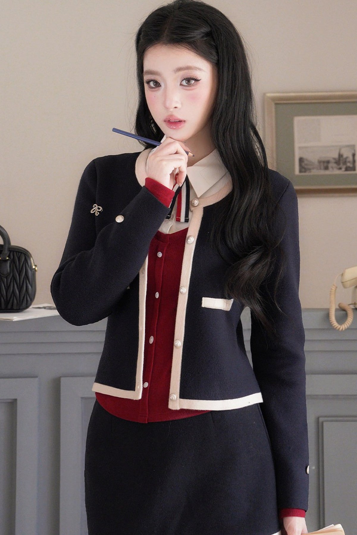 Layered-Look Turn-Down Collar Knit Top