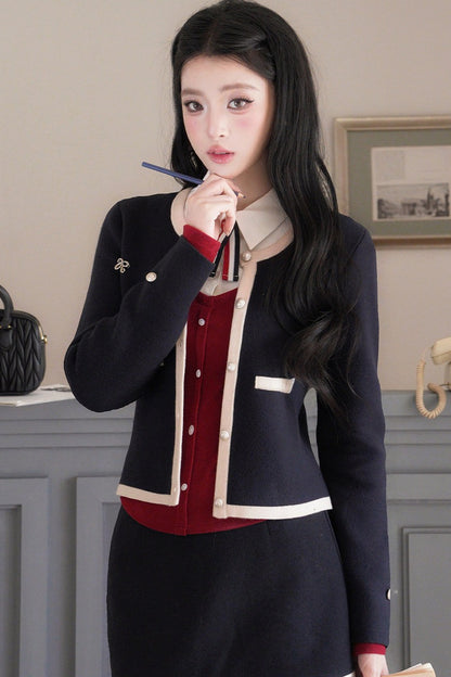 Layered-Look Turn-Down Collar Knit Top