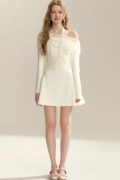 Pleated Tulle Bow Long-Sleeve Dress