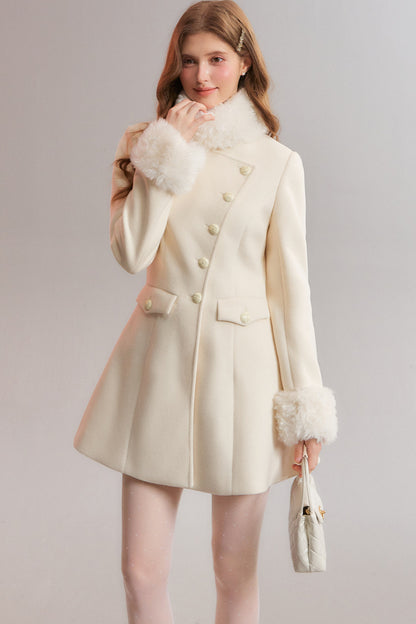 White Diagonal Collar Fur Stand Collar Coat