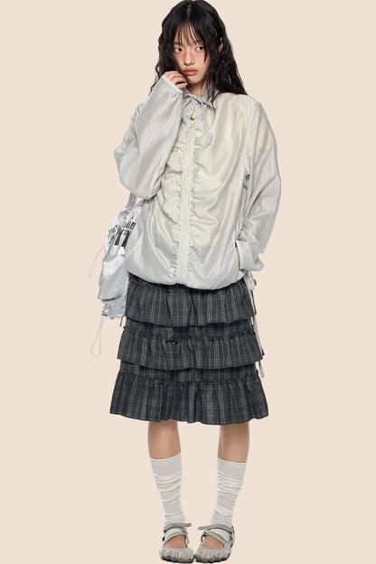 Smocked Lace-Up Plaid Blouse