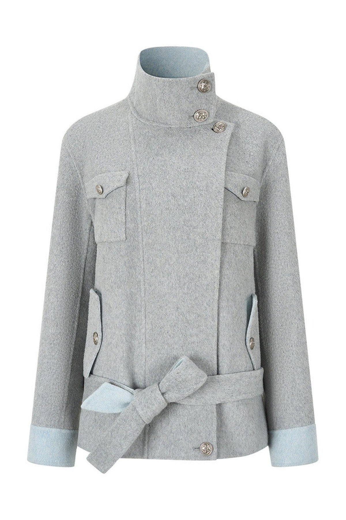 Belted Stand Collar Wool Coat