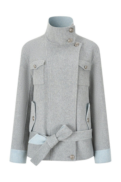 Belted Stand Collar Wool Coat