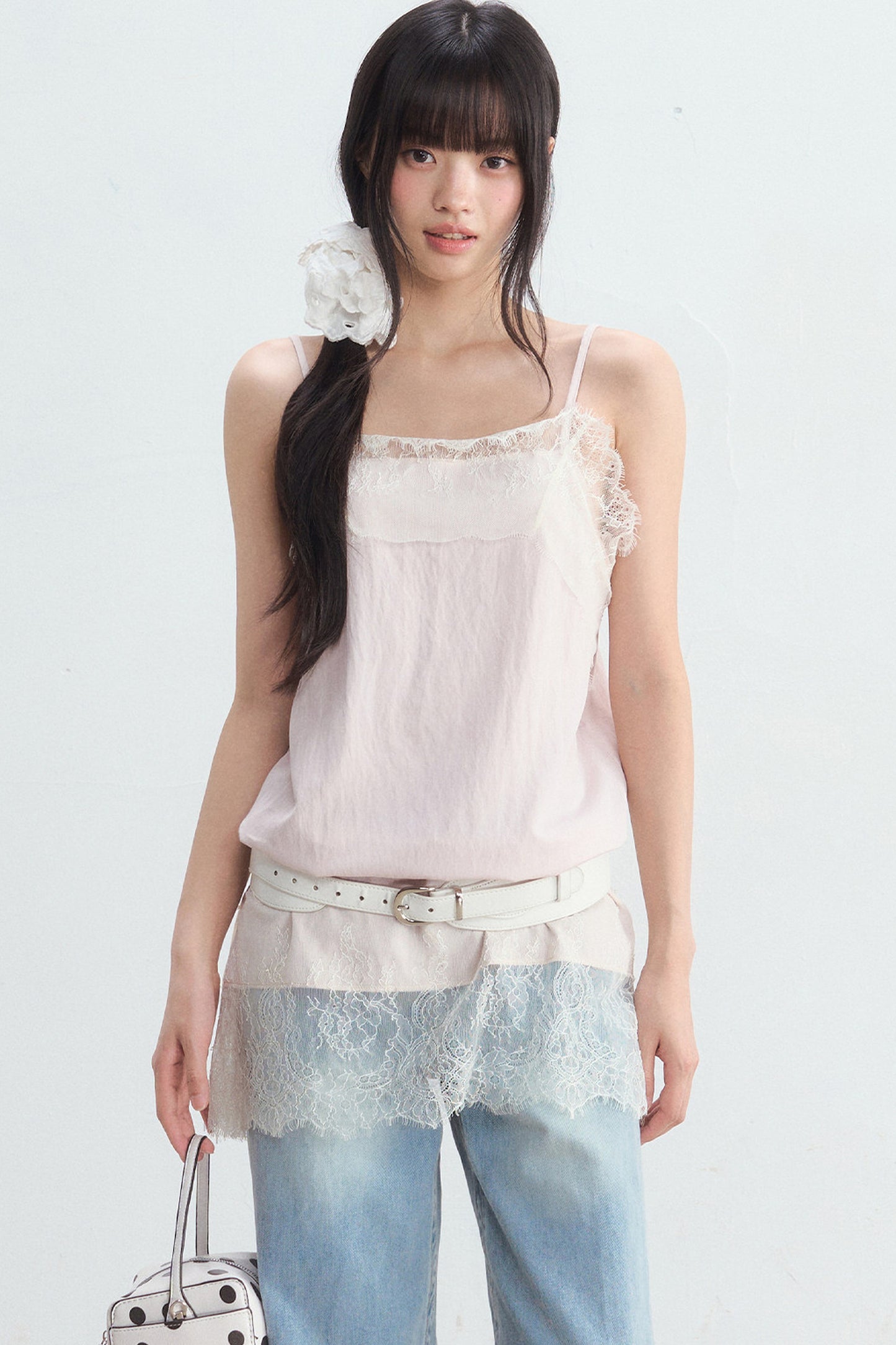 White U-Neck Top and Pink Suspender Set-Up