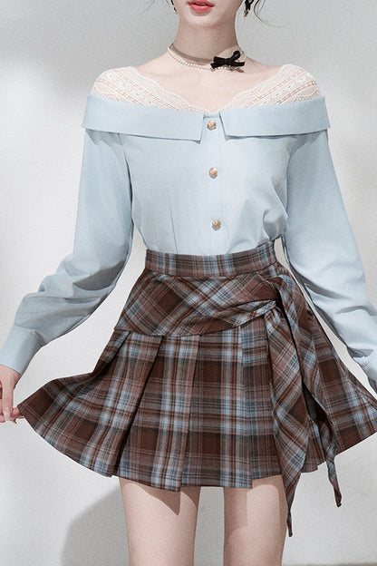 Blue Off-Shoulder Lace Blouse and Skirt Set-Up