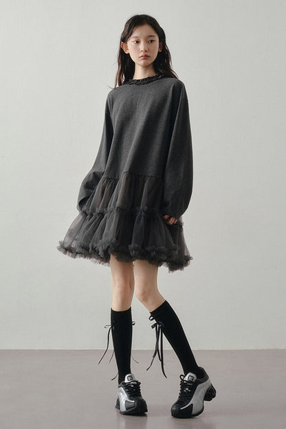 Gray Mesh Patchwork Long Sleeve Dress