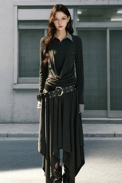 Gray Polo Collar Knitted Long Dress