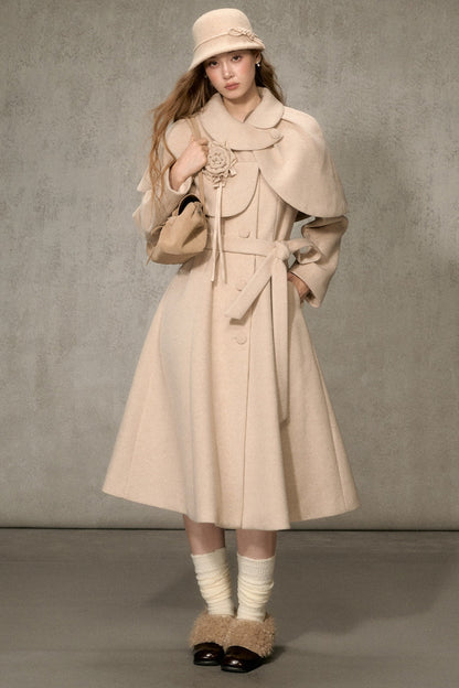 Floral Embroidered Long Woolen Cape Coat Set-Up