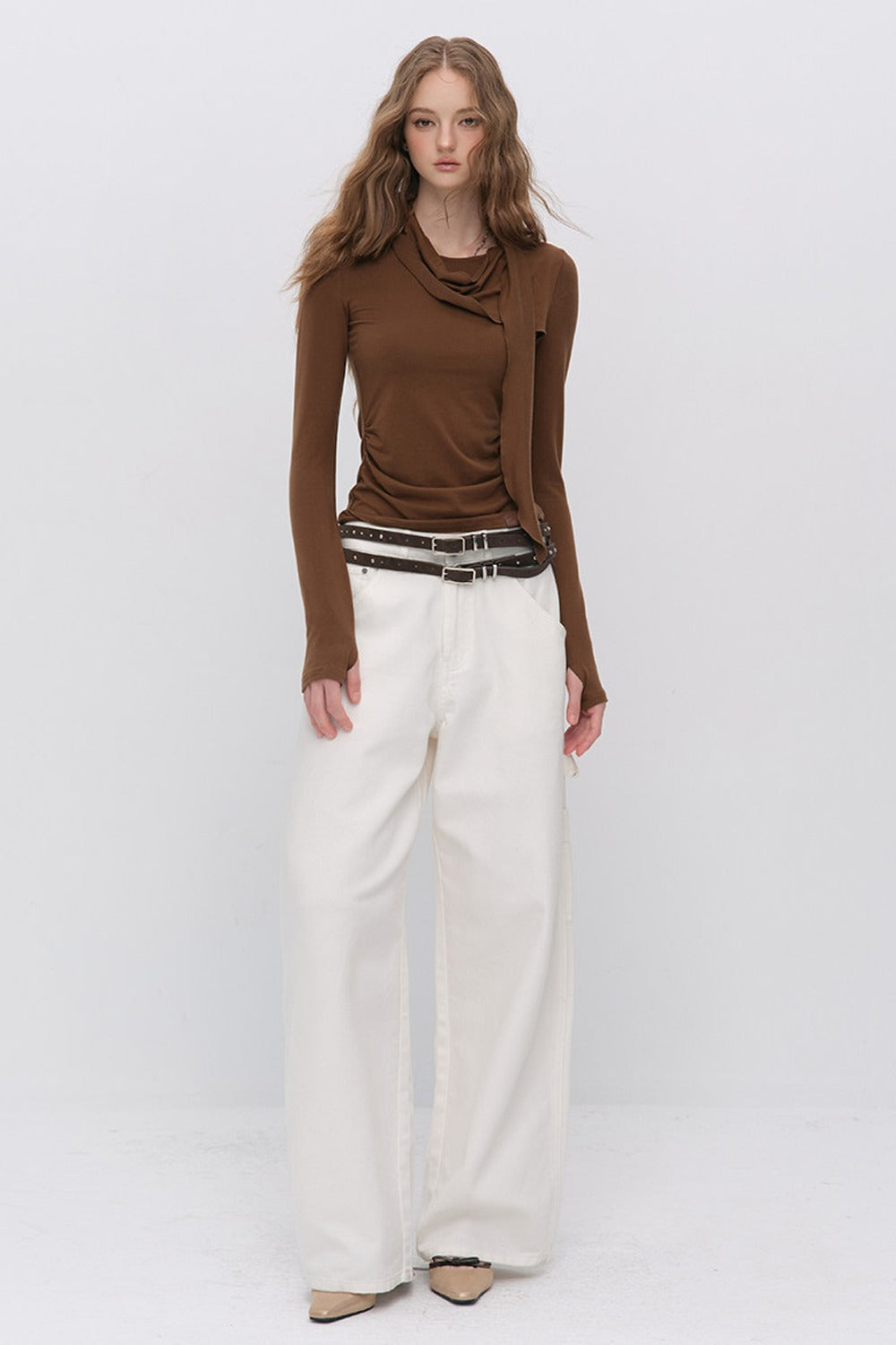 Irregular Ruched Halter Ribbon T-Shirt