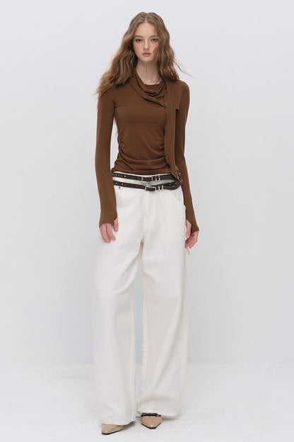 Irregular Ruched Halter Ribbon T-Shirt