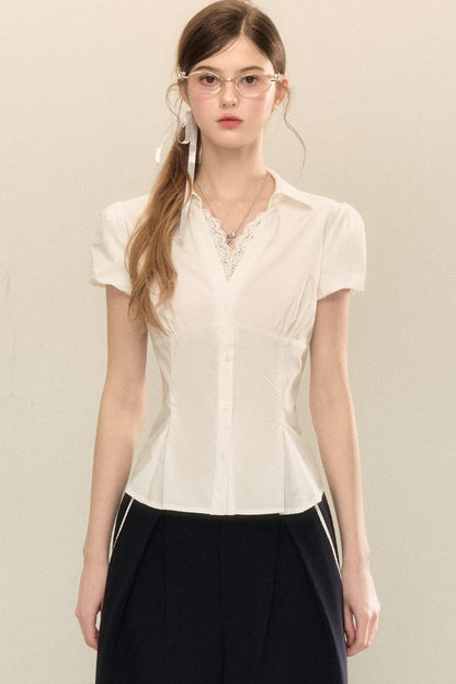 White Pleated V-Neck Short-Sleeve Shirt