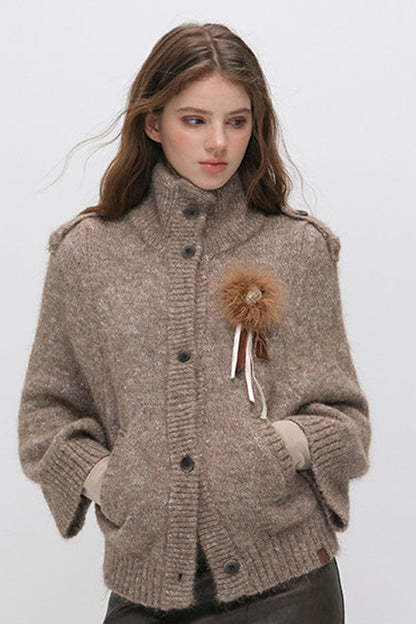 Stand Collar Corsage Knit Cardigan