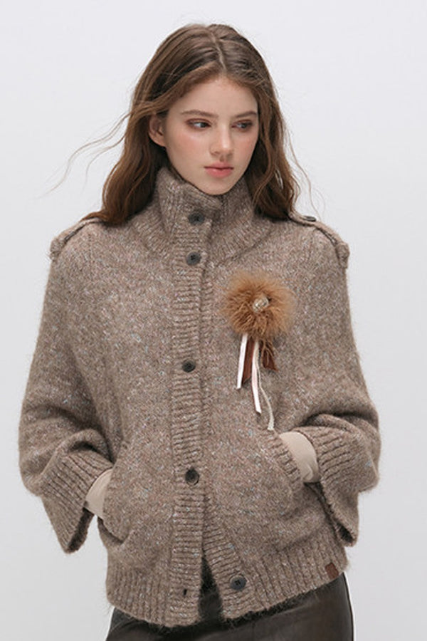 Stand Collar Corsage Knit Cardigan