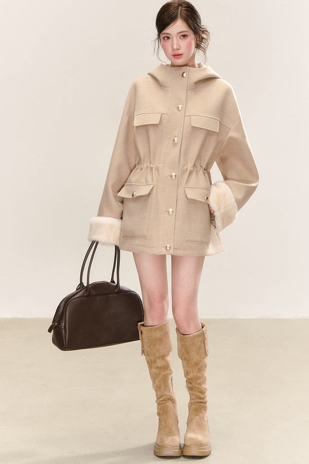 Multi-Pocket Hooded Woolen Parka Jacket