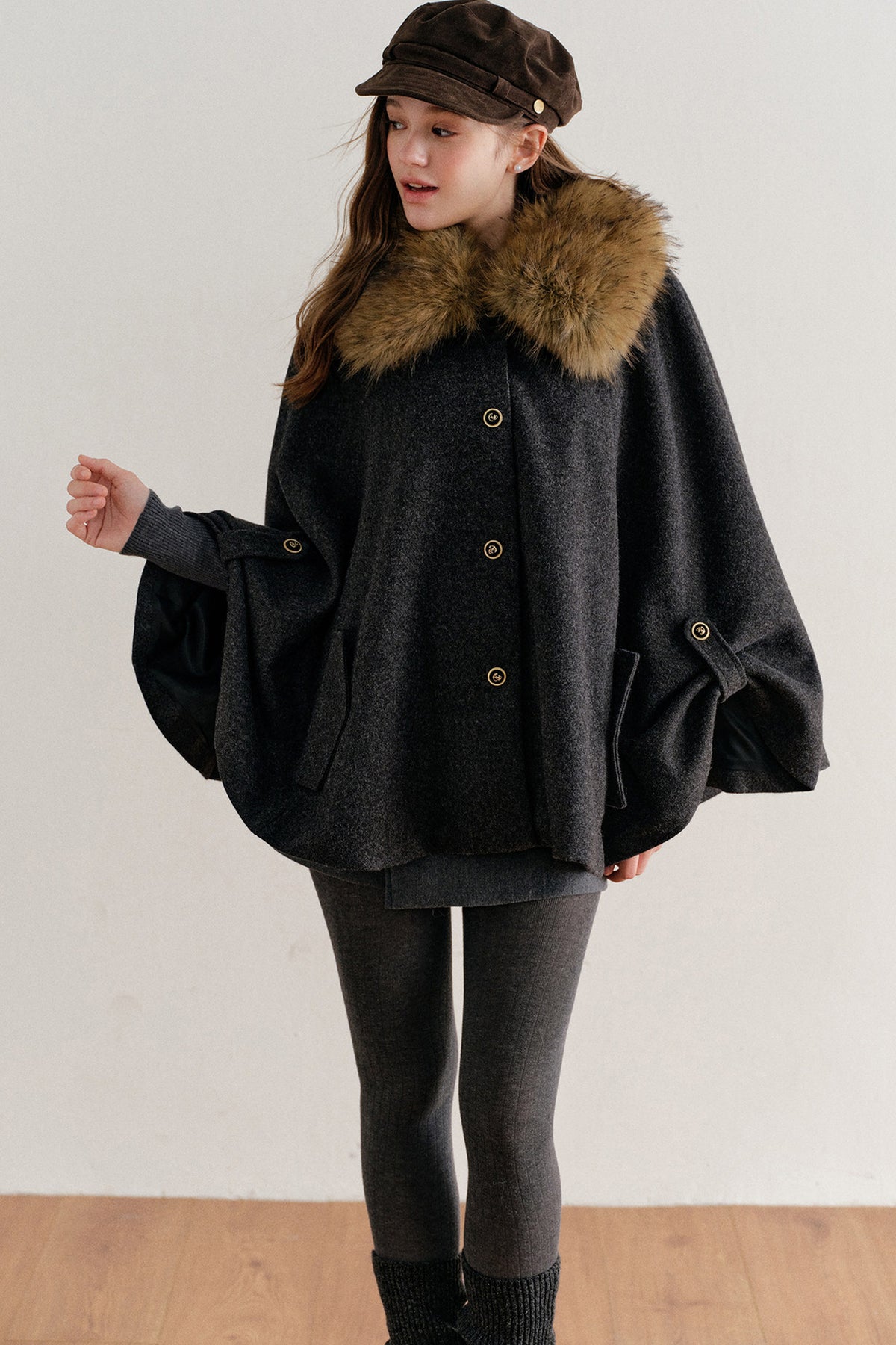 Detachable Large Fur Collar Woolen Cape