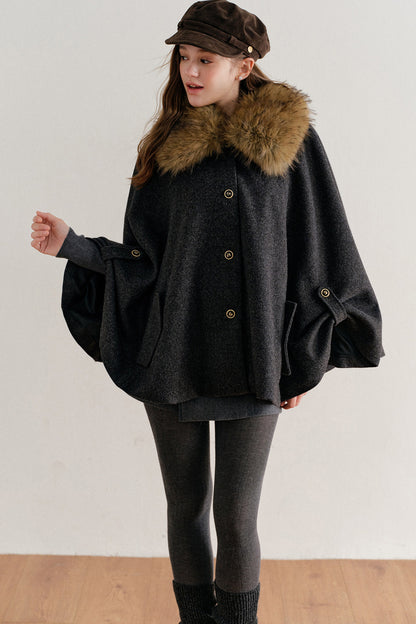 Detachable Large Fur Collar Woolen Cape