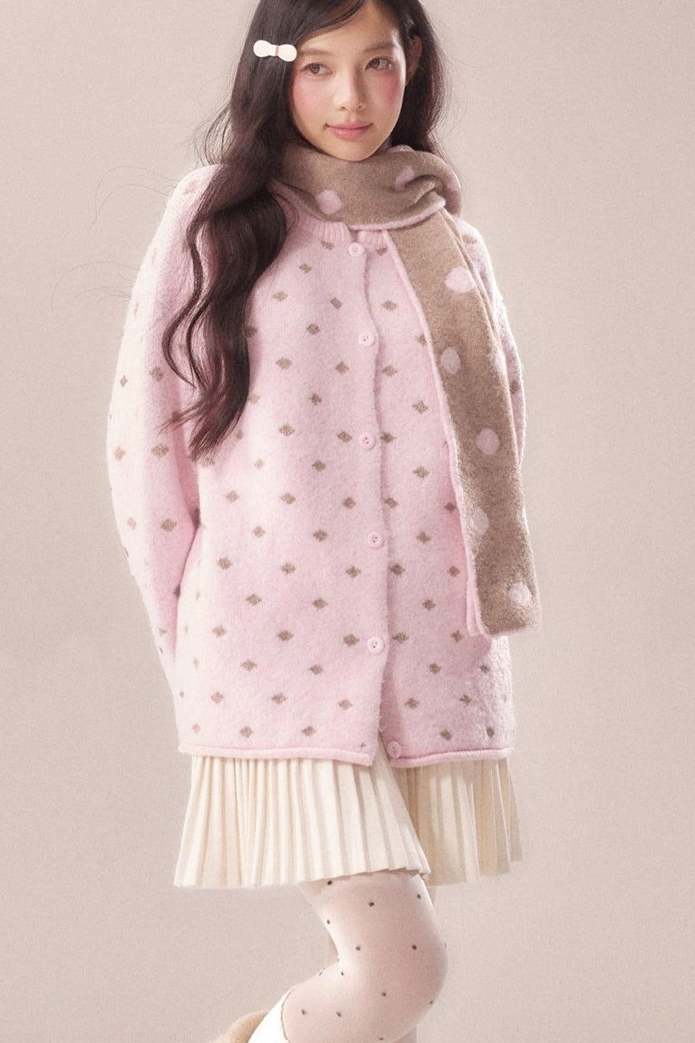 Polka Dot Scarf Knit Cardigan