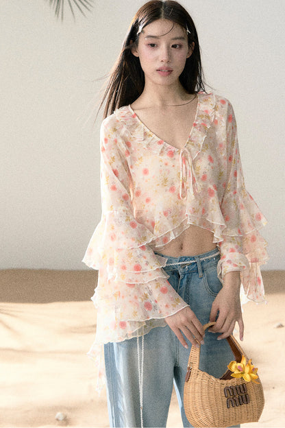 Floral Chiffon Ruffle Blouse