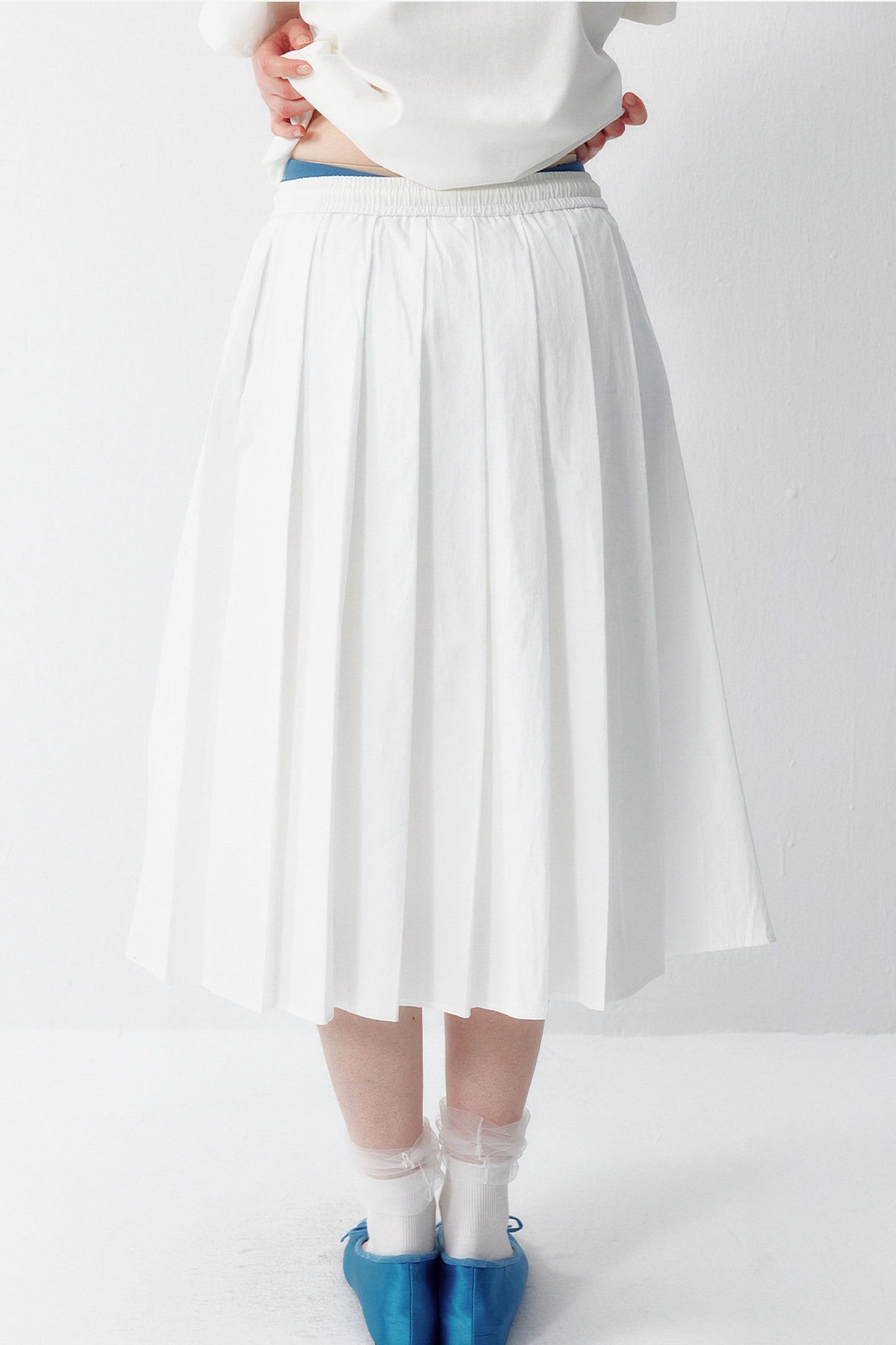 Cotton Elastic Waist Pleated Midi Skirt