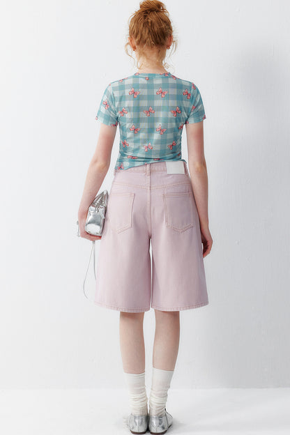 Blue Plaid Heart Rabbit Print T-Shirt