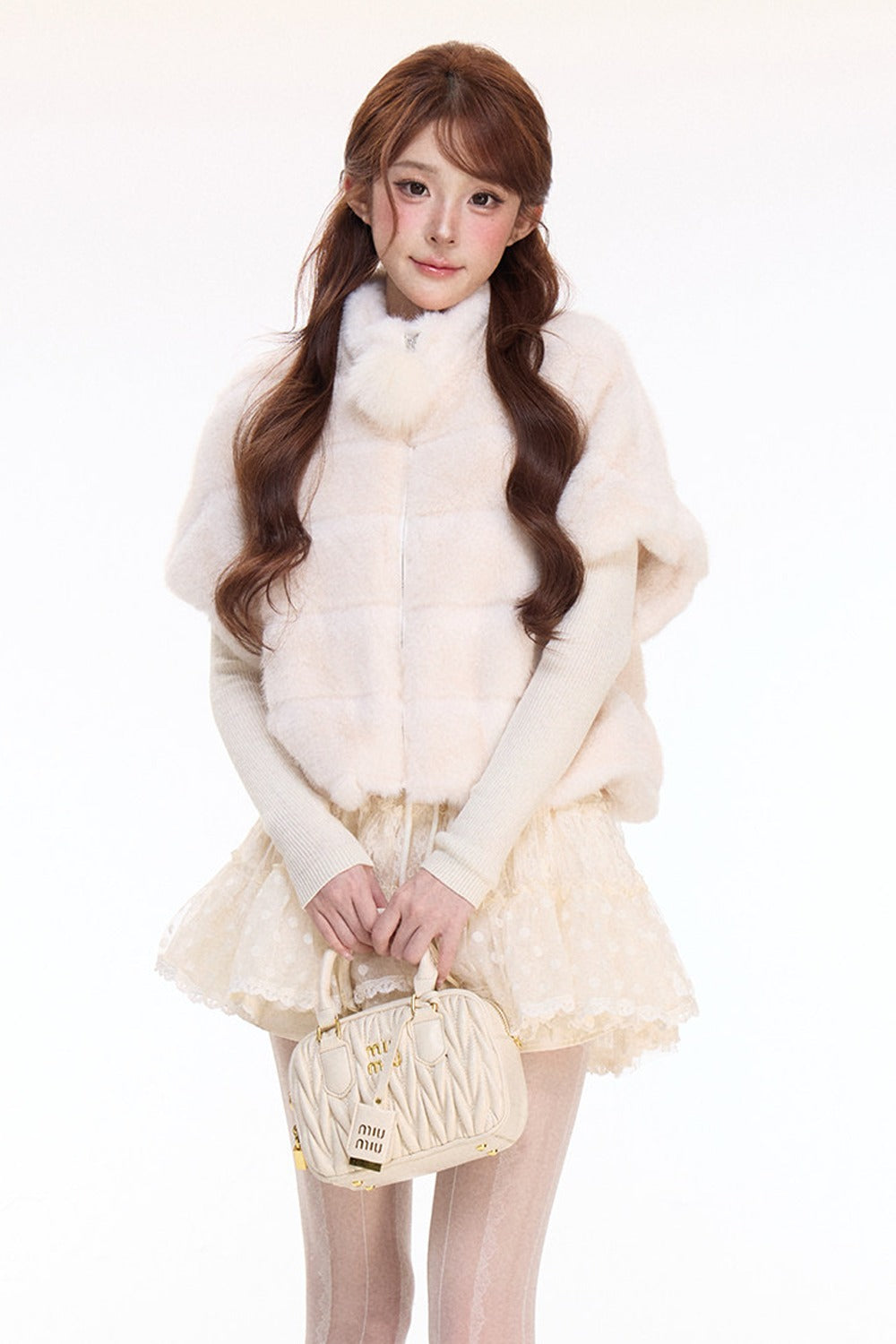 Rabbit Fur Jacket and Polka Dot Lace Skirt Set-Up