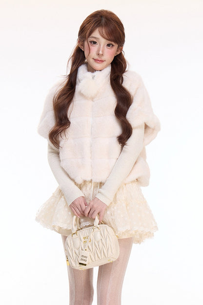 Rabbit Fur Jacket and Polka Dot Lace Skirt Set-Up