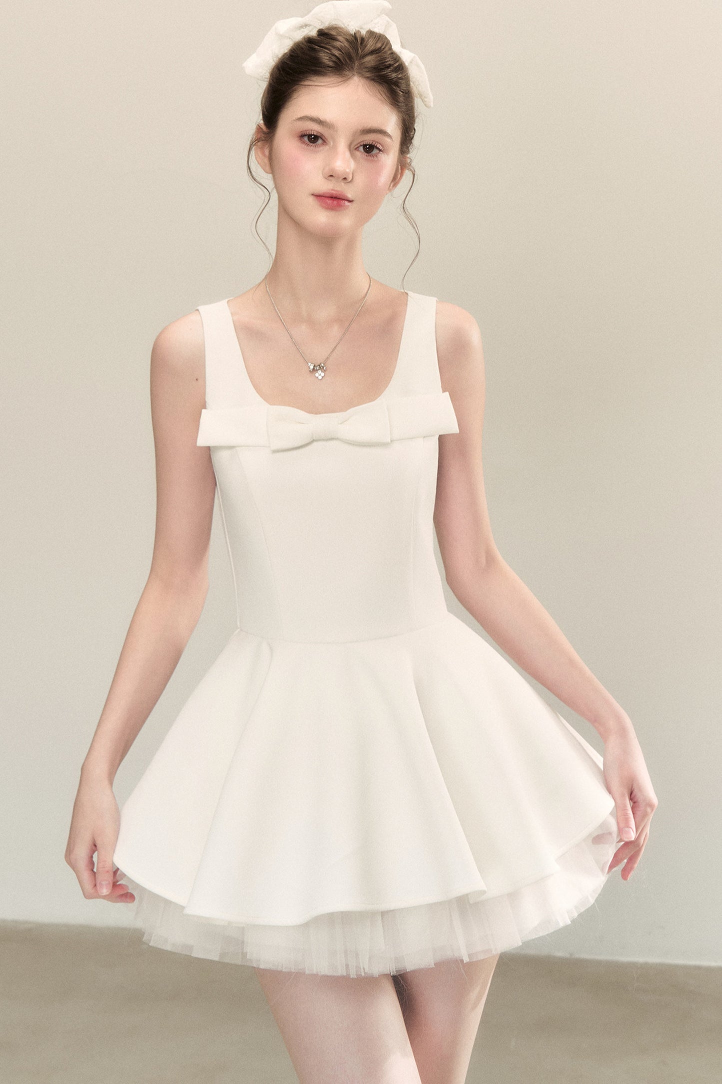 Bow Neck Spaghetti Strap Puffy Dress