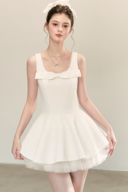 Bow Neck Spaghetti Strap Puffy Dress
