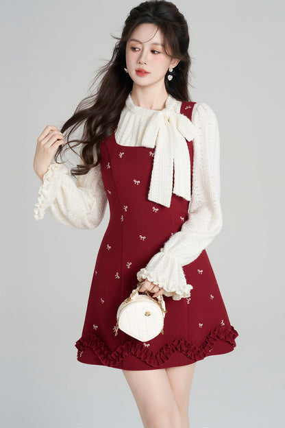 Red Sleeveless Dress and Apricot Top Set-Up