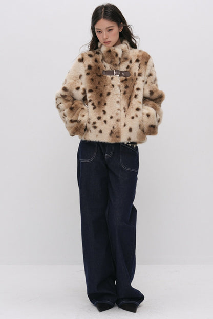 Cheetah Print Buckle Stand Collar Coat