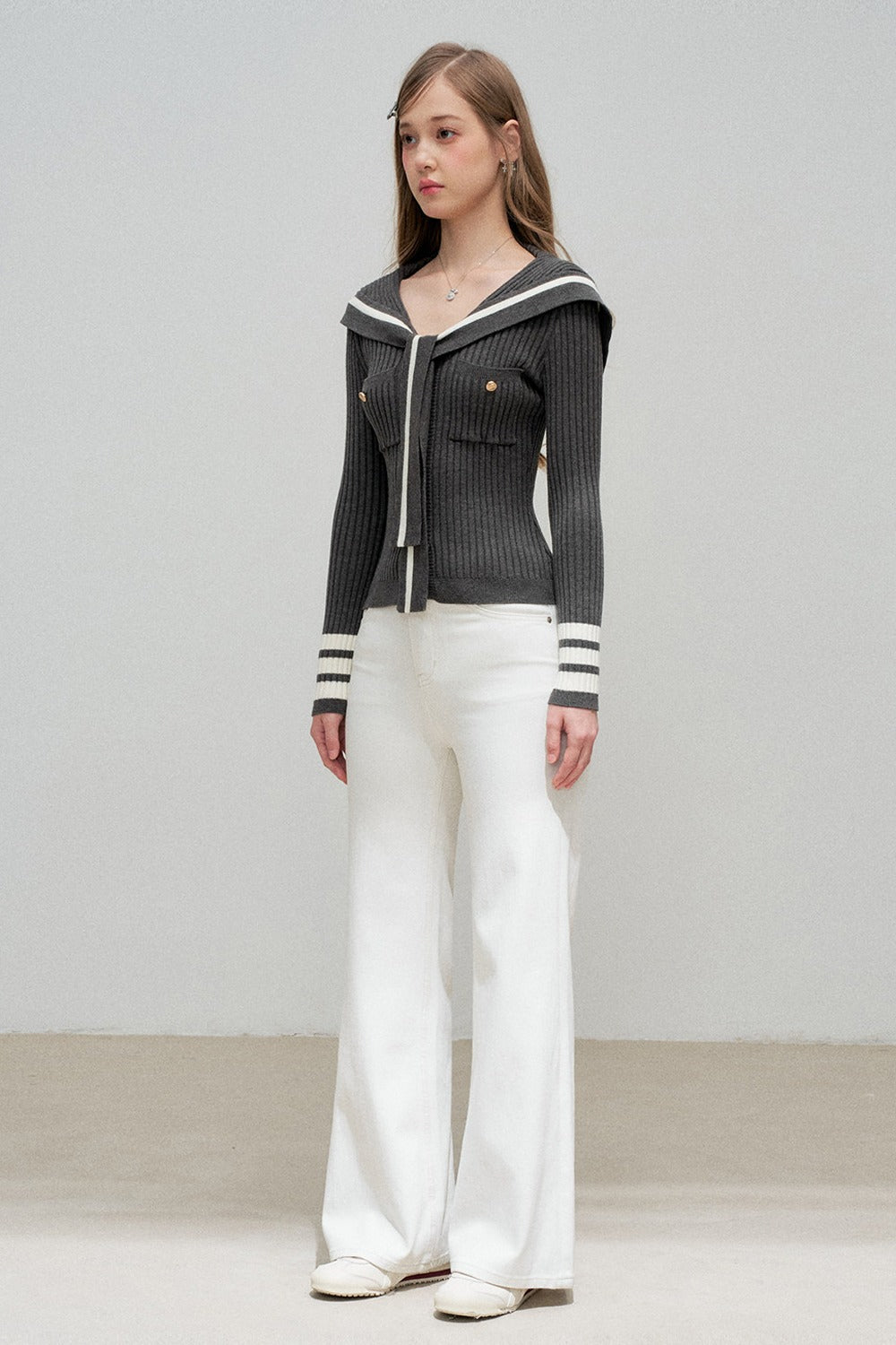 Navy Collar Striped Knit Top