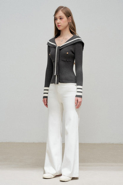 Navy Collar Striped Knit Top