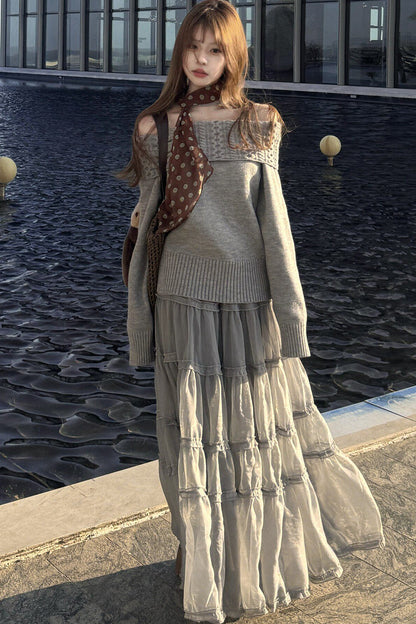 Off-Shoulder Knitted Sweater and Pants Set-Up