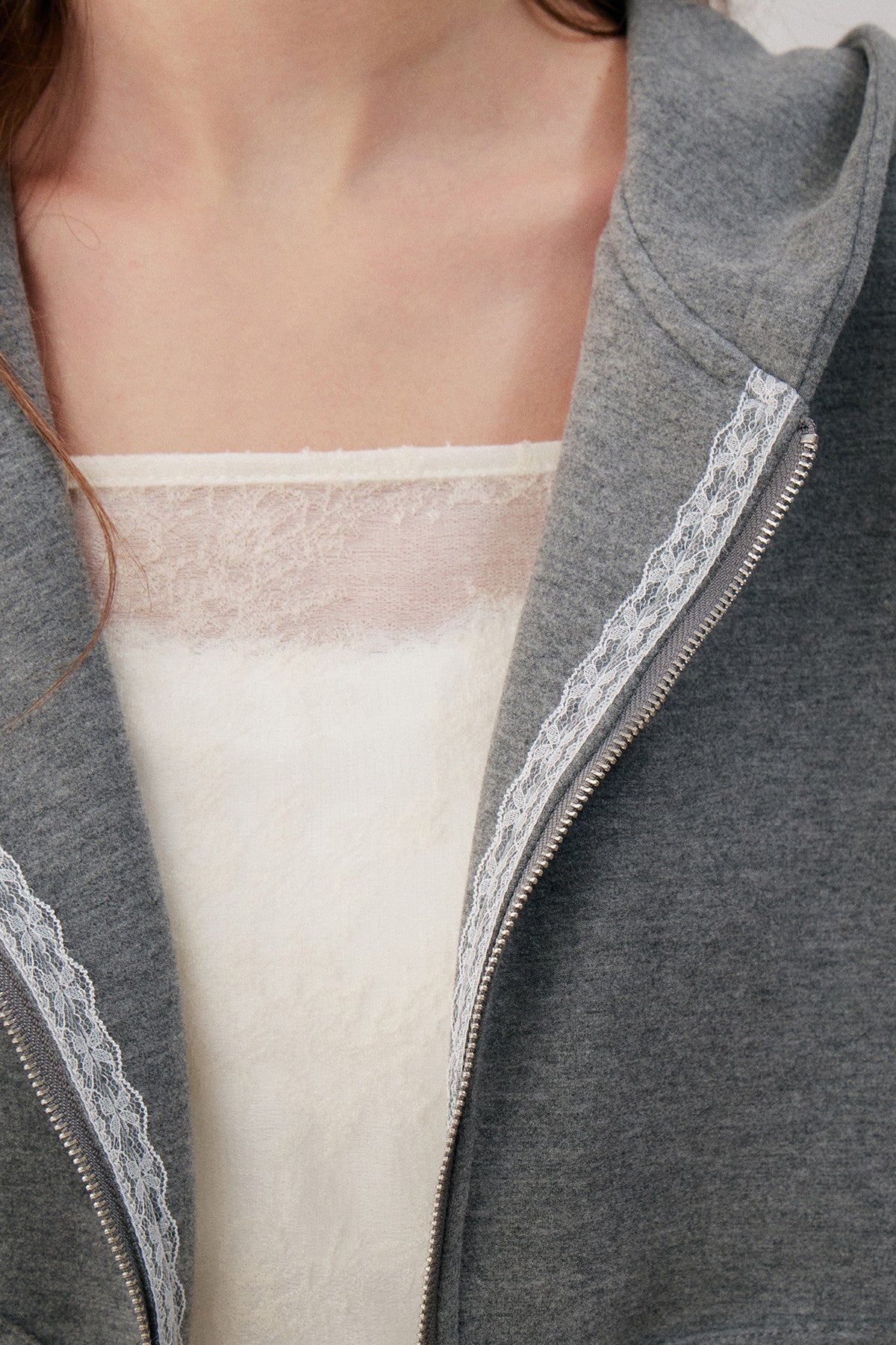 Lace Trim Double Zipper Hooded Jacket and Drawstring Pants Set-Up