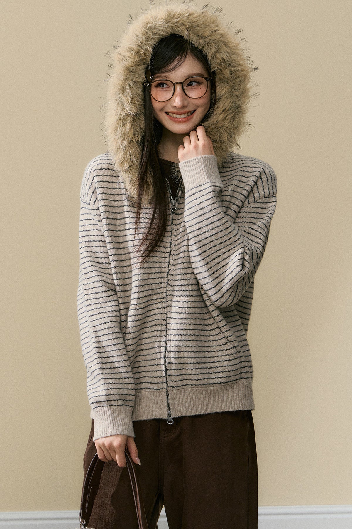Striped Wool Knit Cardigan and Pants Set-Up