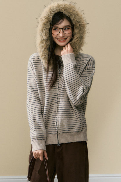 Striped Wool Knit Cardigan and Pants Set-Up