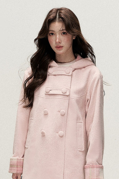 Cappotto doppiopetto con cappuccio a quadri rosa e color crema