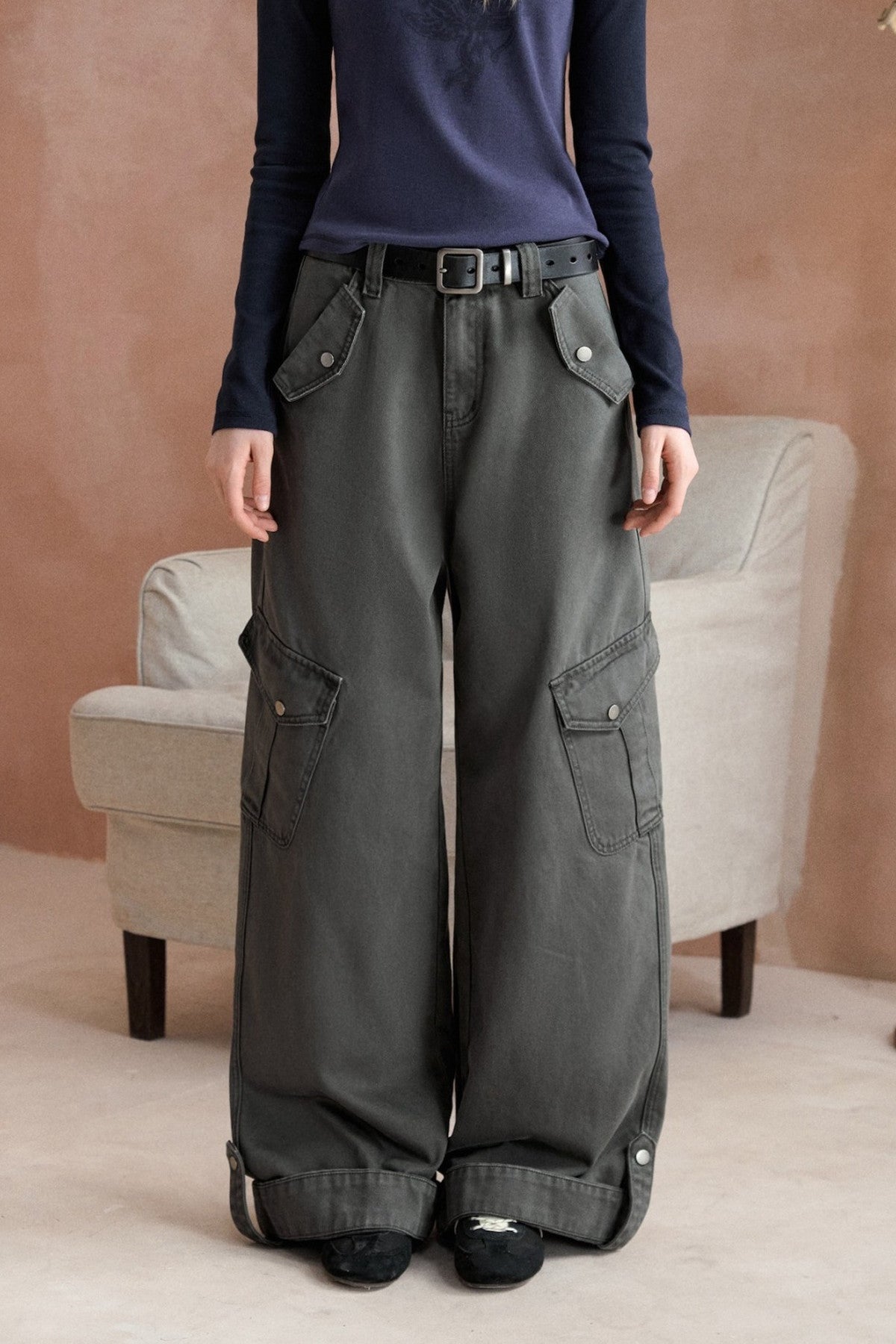 Gray Green Cargo Wide-Leg Pants