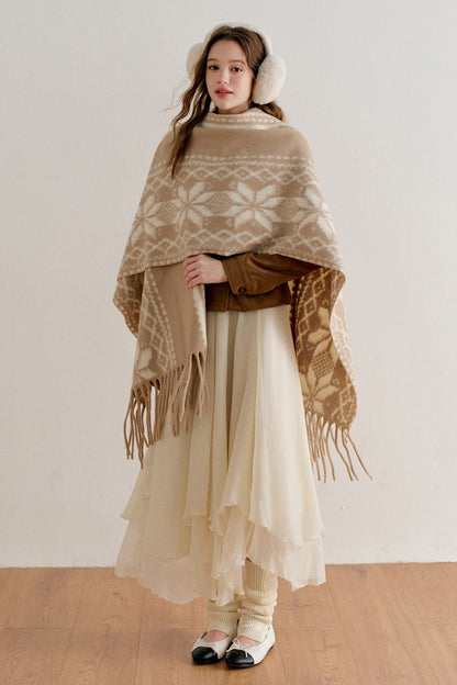 Khaki Fair Isle Jacquard Long Tassel Cape