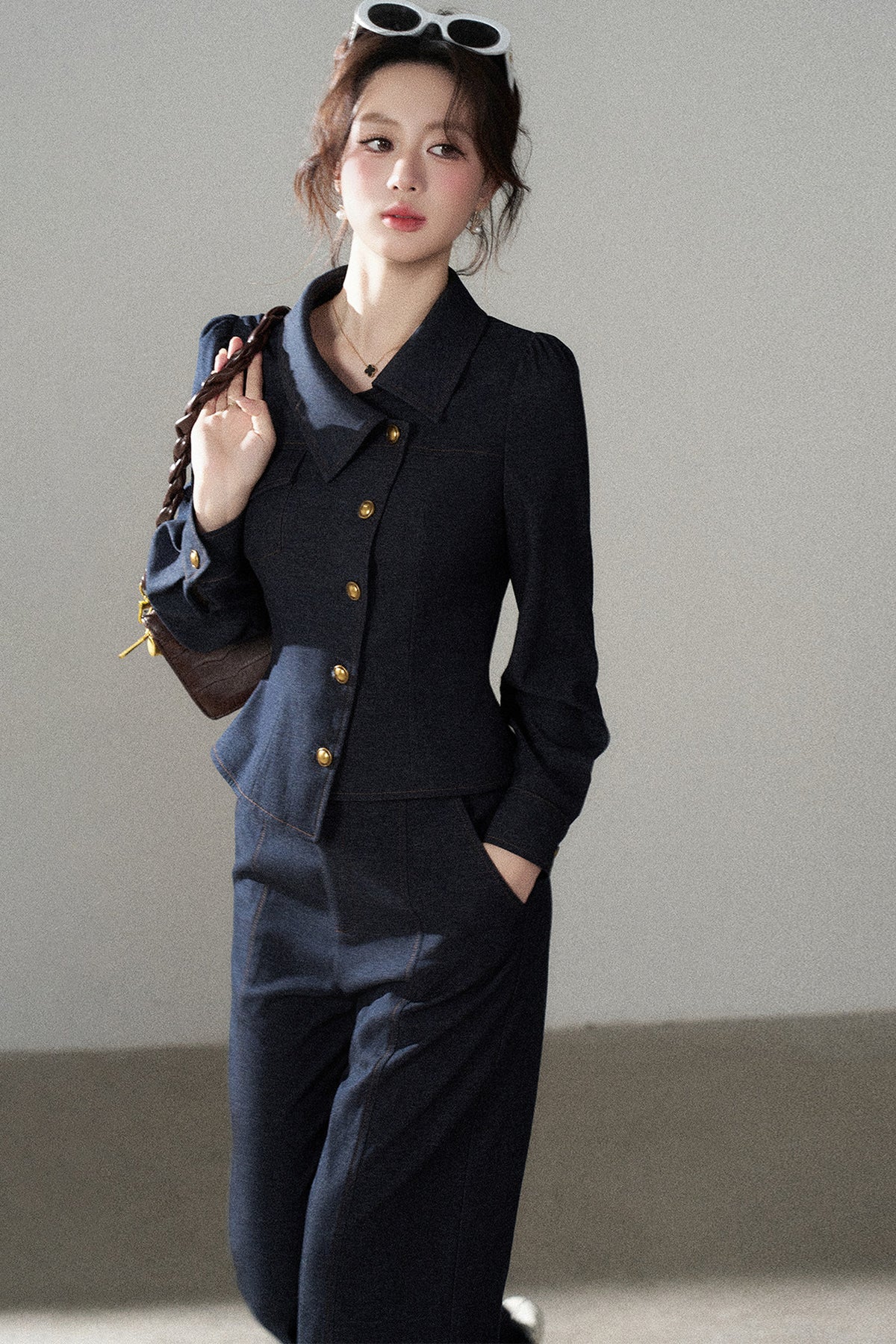 Asymmetrical Lapel Blue Top and Pants Set-Up