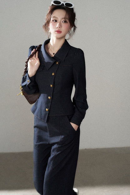 Asymmetrical Lapel Blue Top and Pants Set-Up