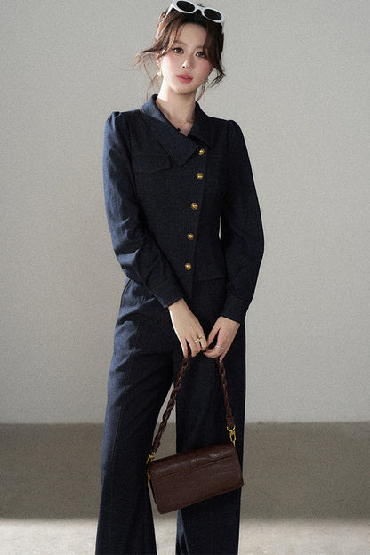 Asymmetrical Lapel Blue Top and Pants Set-Up