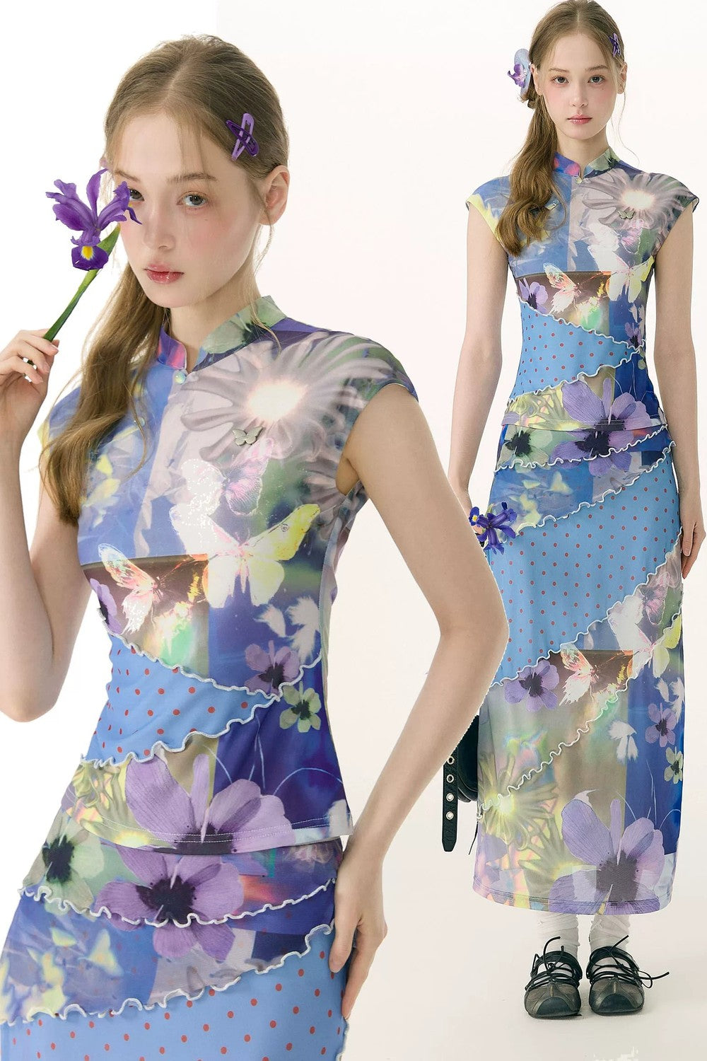 Blue Watercolor New Chinese-Style Skirt Set