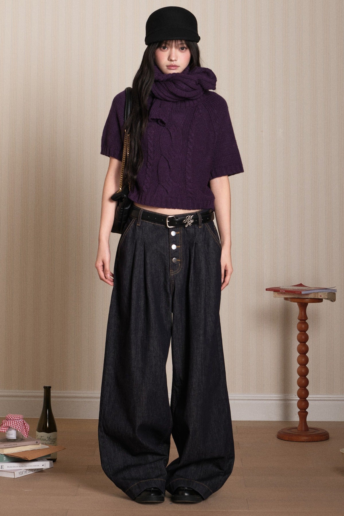 Short Sleeve Scarf Layered Knit Sweater