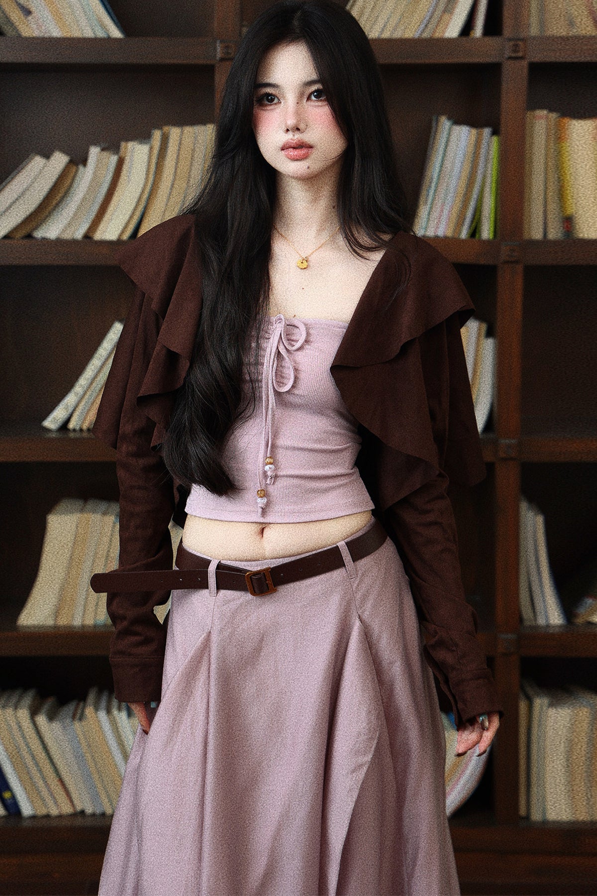 Waist-Cinching Tube Top and Pink and Purple Flowing Skirt Set-Up