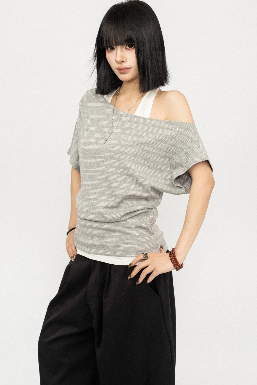 Retro Striped Halter Off-Shoulder Top