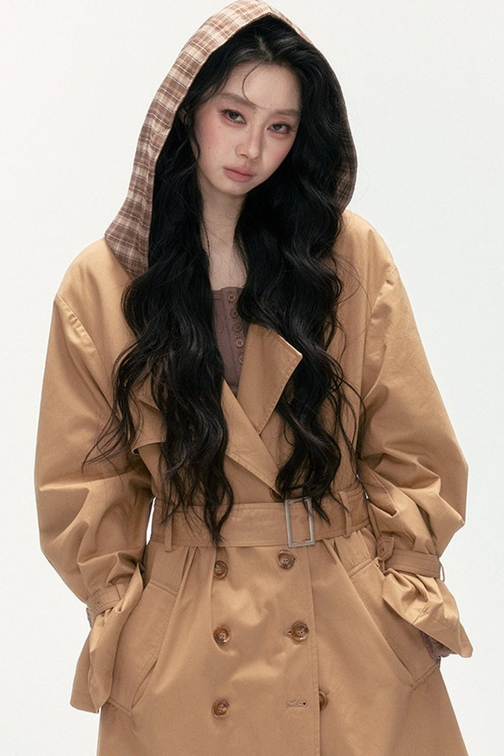 Plaid Patchwork Double-Breasted Hooded Padded Trench Coat
