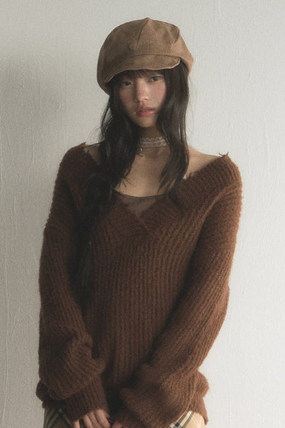 Brown V-Neck Ribbed Pullover