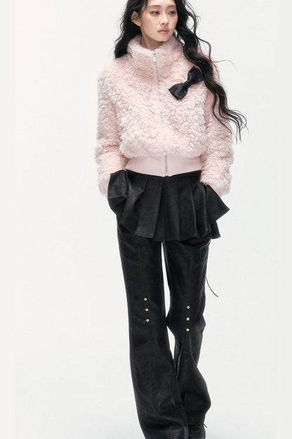 Pink Faux Lamb Wool Jacket and Pants Set-Up