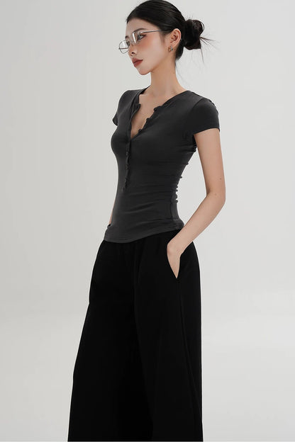 Wool Henley V-Neck Short Sleeve Top